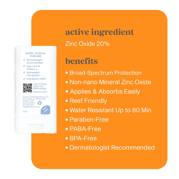 Thinksport SPF 30 Sport Sunscreen Stick with Zinc Oxide 064 oz Safe Natural Water Resistant Sunscreen Stick Mineral UVAU