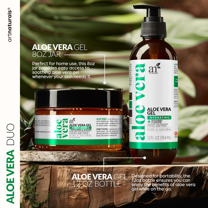 artnaturals Aloe Vera Gel Set JUMBO 20oz Sunburn Relief Hydration for Face Body Scalp Hair Calming Moisturizer After Sun
