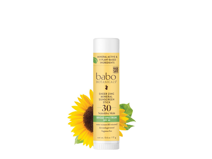 Babo Botanicals Sheer Zinc Mineral Sunscreen Sport Stick SPF30 Natural Zinc Oxide Shea Butter FragranceFree Water Resist