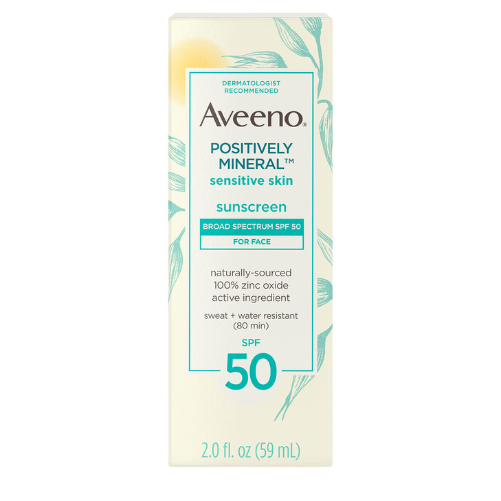 Aveeno Positively Mineral Sensitive Skin Daily Sunscreen Lotion for Face Broad Spectrum SPF 50 with 100 Zinc Oxide Light