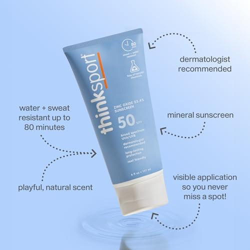 Thinksport SPF 50 Mineral Sunscreen with Zinc Oxide 6 Fl Oz Safe Natural Sunscreen Lotion for Sports Active Use Water Re