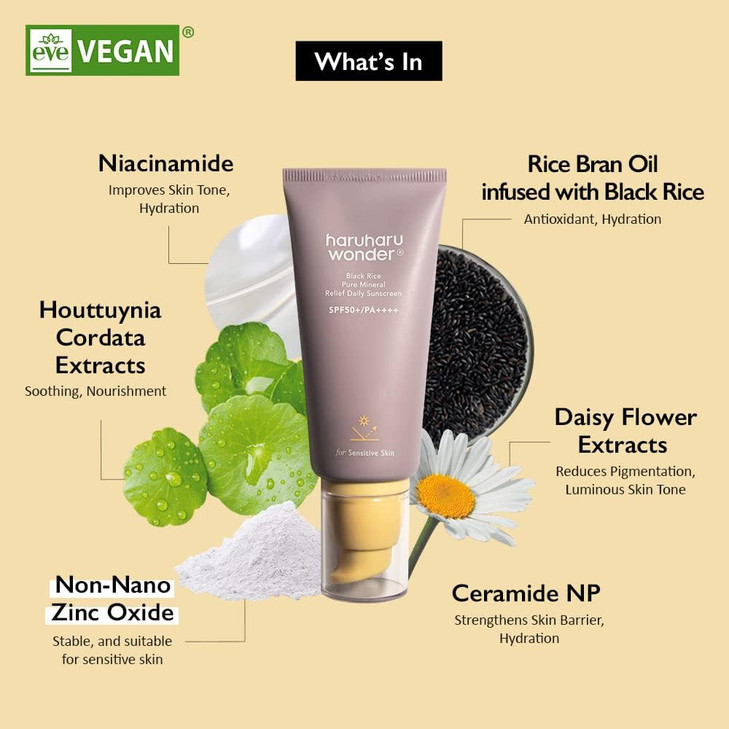 Haruharu Wonder Black Rice Pure Mineral Relief Daily Sunscreen SPF50PA Broad Spectrum UVAUVB Octinoxate Oxybenzone Free