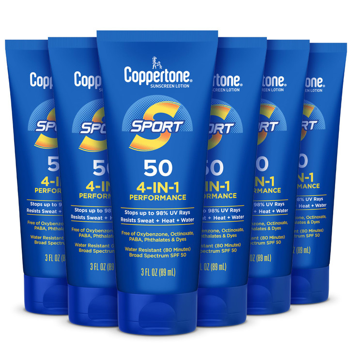 Coppertone Sport Sunscreen Lotion SPF 50 Sweat Heat and Water Resistant Sunblock Lightweight Oxybenzone Free Travel Size