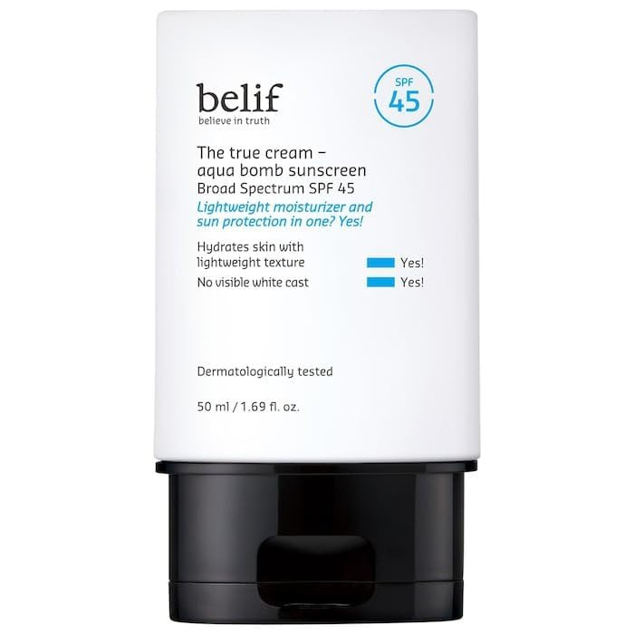belif Aqua Bomb SPF 45 Hydrating Niacinamide Sunscreen 169 fl oz The True Cream PA Daily Broad Spectrum No White Cast We