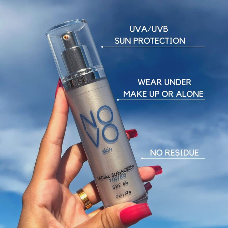 NOVO skin Tinted Moisturizer SPF 46 20 fl oz Primer Broad Spectrum Face Sunscreen Adds instant Glow Filters Blue light H