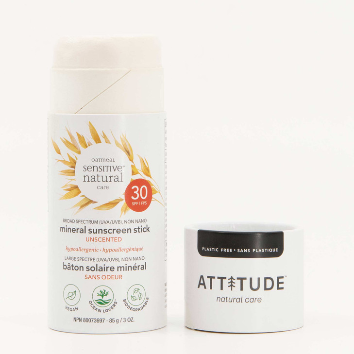 ATTITUDE PlasticFree Mineral Sunscreen Stick for Sensitive Skin Broad Spectrum UVAUVB with Zinc Oxide Hypoallergenic Veg