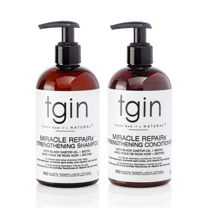 tgin Miracle RepaiRx Strengthening Shampoo and Conditioner Duo for Curly Coily and Wavy Hair with Biotin and Black Casto