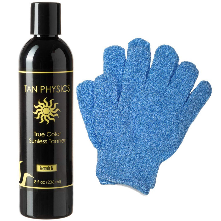 Tan Physics Sunless Tanner 8oz with Exfoliation Gloves Self Tanning Lotion Instant Tanning Lotion for Face Body Natural