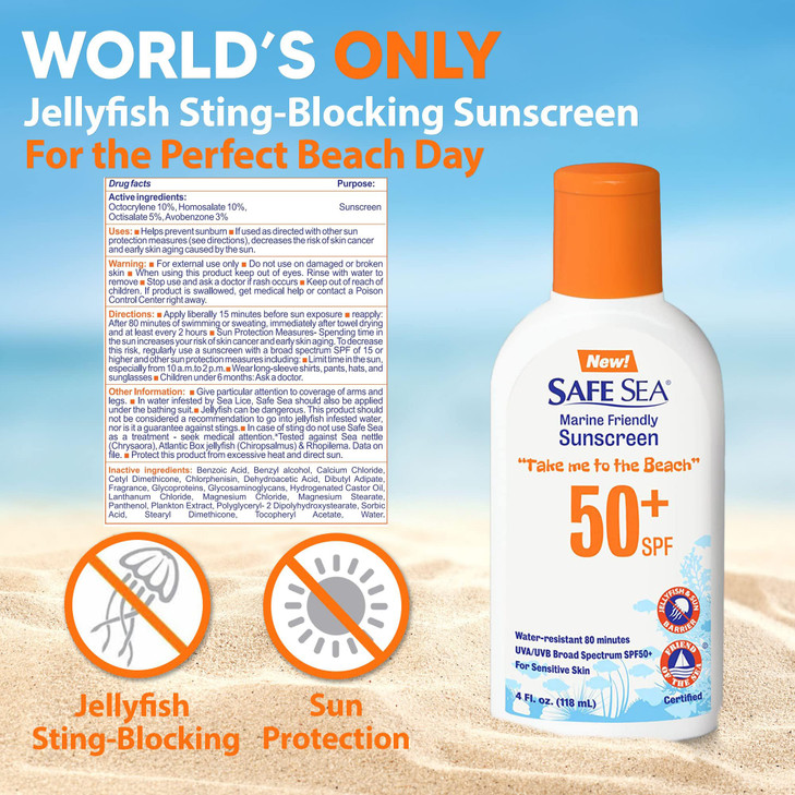 Safe Sea Jellyfish StingBlocking Sunscreen SPF 50 Lotion 4oz Waterproof Biodegradable Coral ReefSafe Body and Face Sunsc