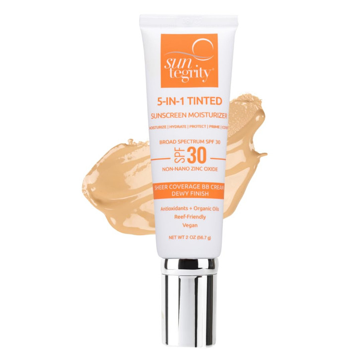 Suntegrity Tinted 5 in 1 Mineral Sunscreen for Face SPF 302 oz Golden Light BB Cream Moisturizer with Physical UVAUVB Br