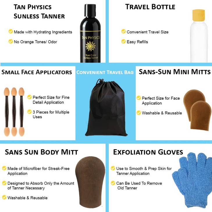 Tan Physics Self Tanner 11pc Sunless Tanning Kit with True Color Tanner Exfoliation Gloves Travel Bag Bottle Face Body M