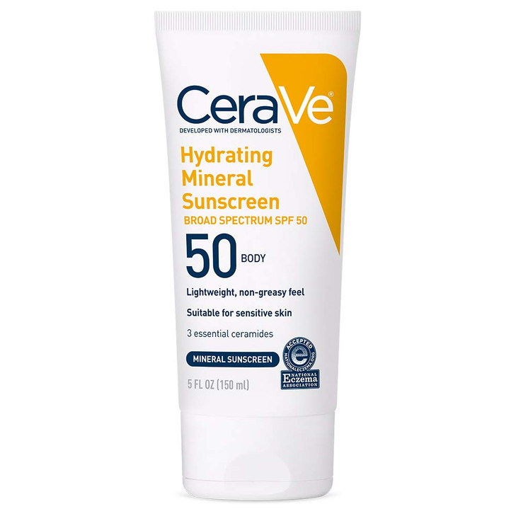 CeraVe 100 Mineral Sunscreen SPF 50 with Zinc Oxide Titanium Dioxide Hyaluronic Acid Ceramides Oil Free NonGreasy Hydrat