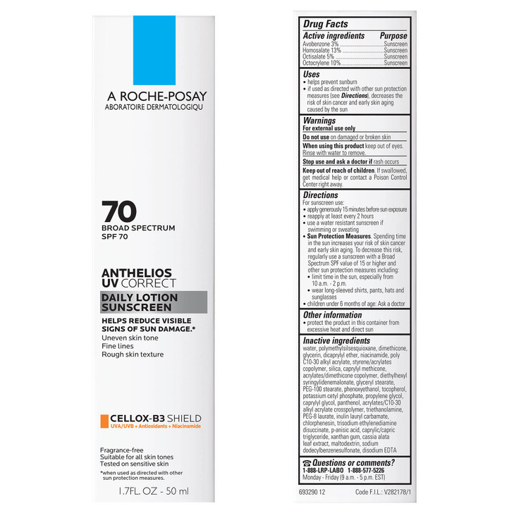 La RochePosay Anthelios UV Correct Sunscreen Moisturizer SPF 70 Daily AntiAging Face Moisturizer with Niacinamide to Eve