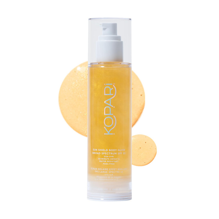 Kopari Sun Shield Body Glow Broad Spectrum SPF 50 Lightweight Shimmering Gel Texture Absorbs Quickly Non Sticky Glowing