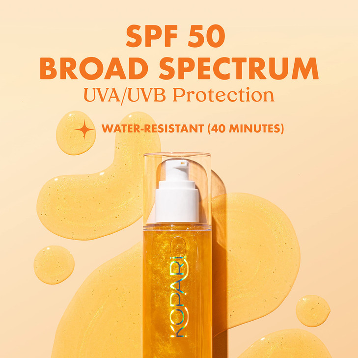 Kopari Sun Shield Body Glow Broad Spectrum SPF 50 Lightweight Shimmering Gel Texture Absorbs Quickly Non Sticky Glowing