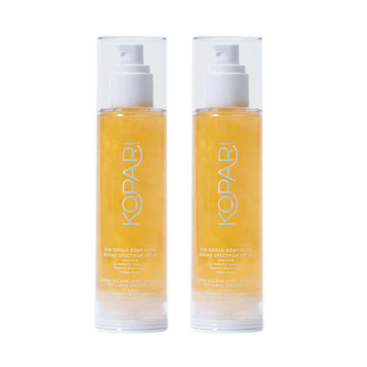 Kopari Sun Shield Body Glow Broad Spectrum SPF 50 Lightweight Shimmering Gel Texture Absorbs Quickly Non Sticky Glowing