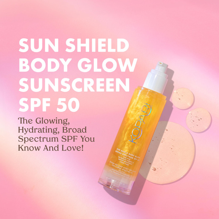 Kopari Sun Shield Body Glow Broad Spectrum SPF 50 Lightweight Shimmering Gel Texture Absorbs Quickly Non Sticky Glowing