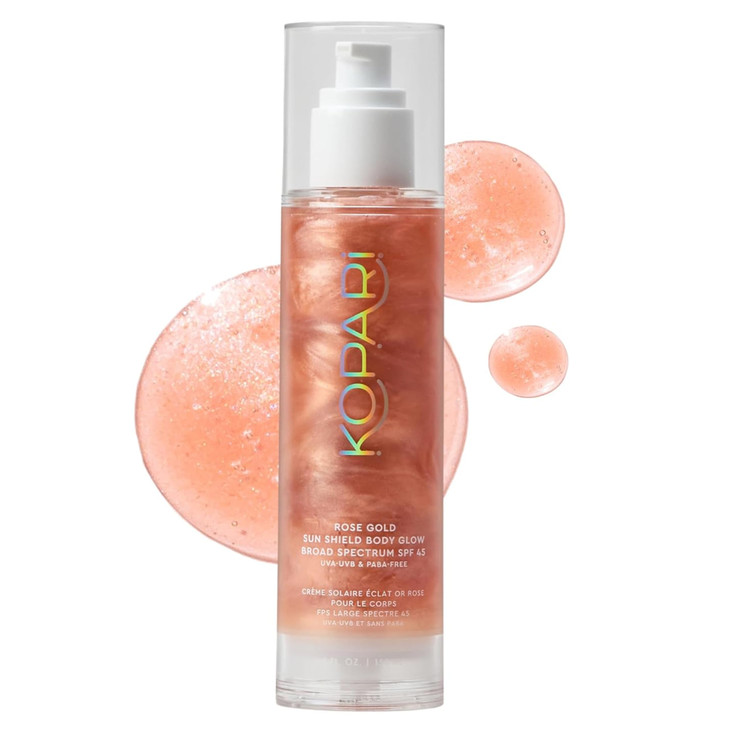 Kopari Sun Shield Body Glow Broad Spectrum SPF 45 Lightweight Shimmering Gel Texture Absorbs Quickly Non Sticky Glowing