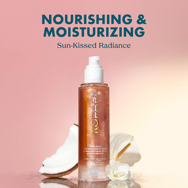 Kopari Sun Shield Body Glow Broad Spectrum SPF 45 Lightweight Shimmering Gel Texture Absorbs Quickly Non Sticky Glowing