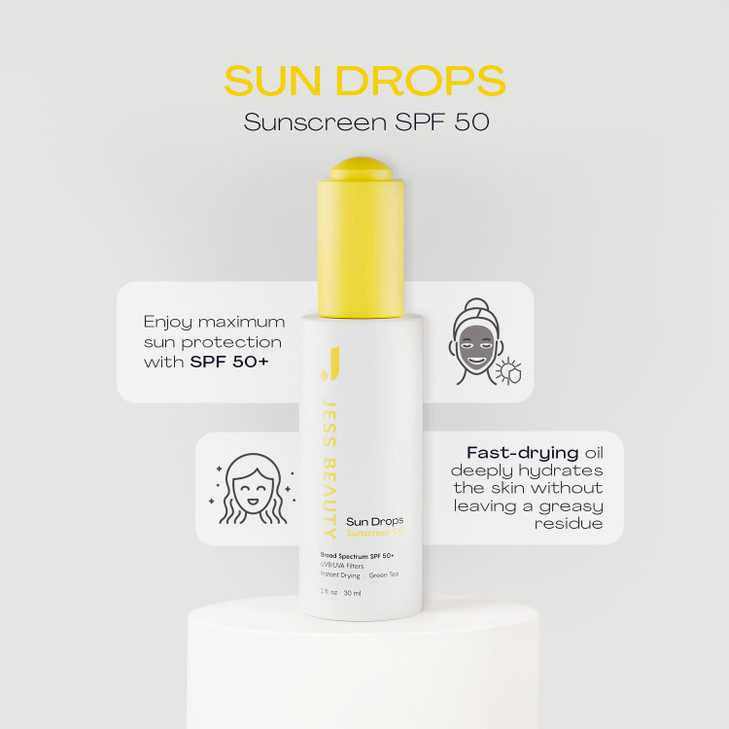 JESS BEAUTY Face Sunscreen Sun Drops SPF 50 Skin Care Oil with Camellia Sinensis Squalane Skincare Fast Drying 1 fl oz