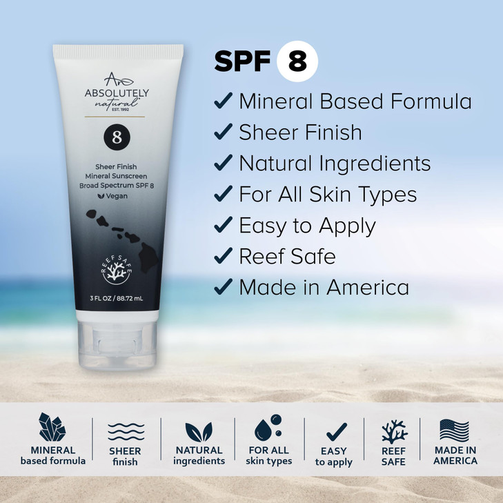 Absolutely Natural SPF 8 Mineral Sunscreen Water Resistant Moisturzing Lotion for Body Face NonNano Zinc Oxide Vitamin E