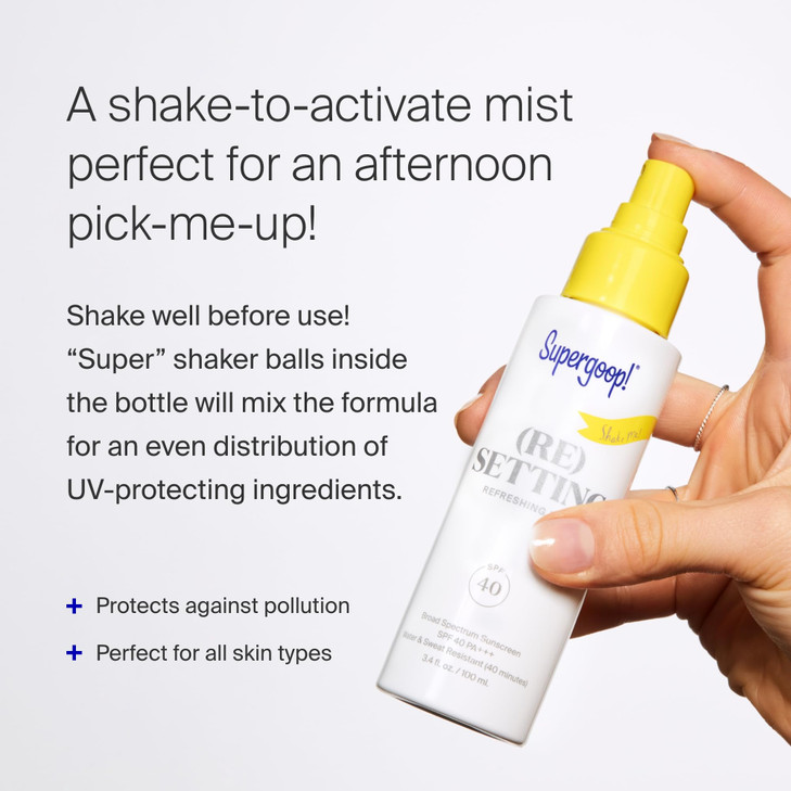Supergoop Re setting Refreshing Mist 1 fl oz Pack of 2 SPF 40 PA Facial Mist Sets Makeup Refreshes UV Protection Helps F