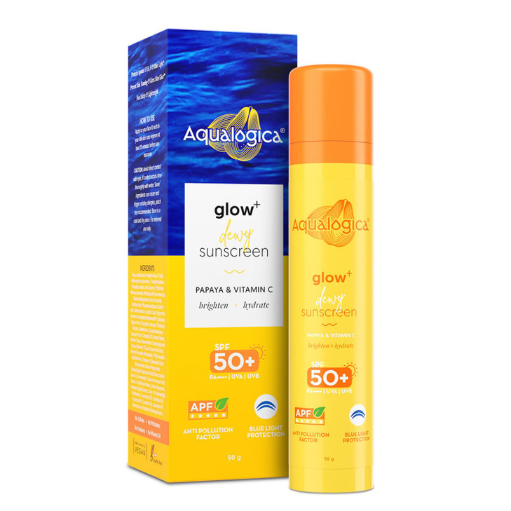 Aqualogica Glow Dewy Face Sunscreen with SPF 50 PA Blue Light Protection No White Cast Helps Give Glowing Skin with Papa