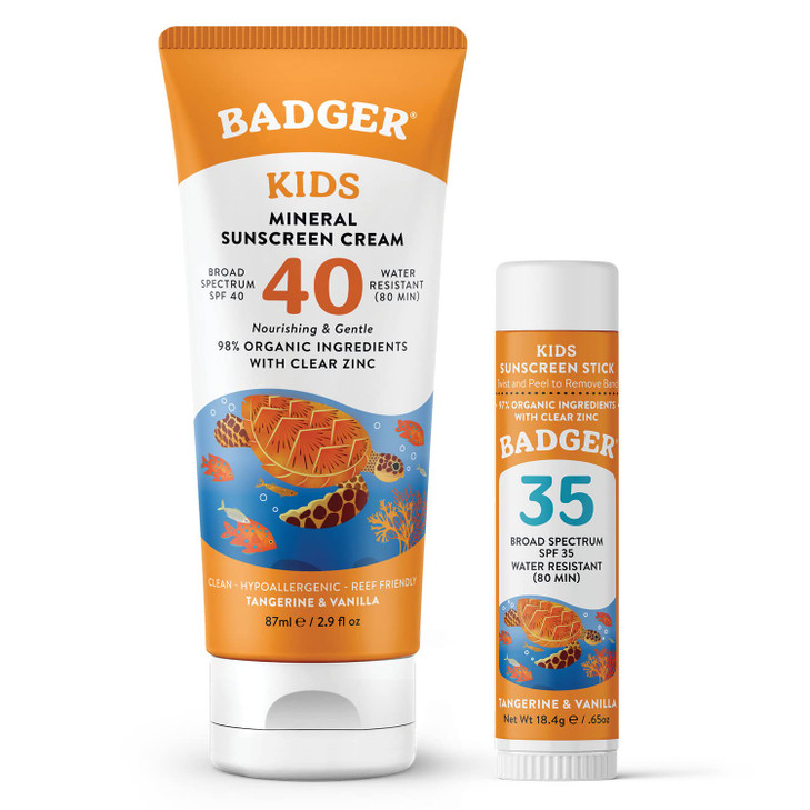 Badger Kids Mineral Sunscreen Combo SPF 40 Cream SPF 35 Kids Face Stick Organic Sunscreens wMineral Zinc Oxide Water Res