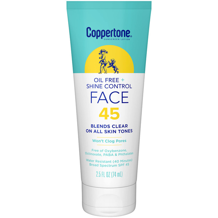 Coppertone Oil Free Shine Control Sunscreen Face Lotion SPF 45 Lightweight Sunscreen for All Skin Tones Wont Clog Pores