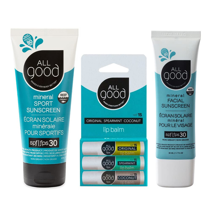 All Good SPF 15 Lip Balm Mineral Facial Sunscreen Bundle Broad Spectrum SPF 30 Water Resistant Includes 1 SPF 30 Sport S