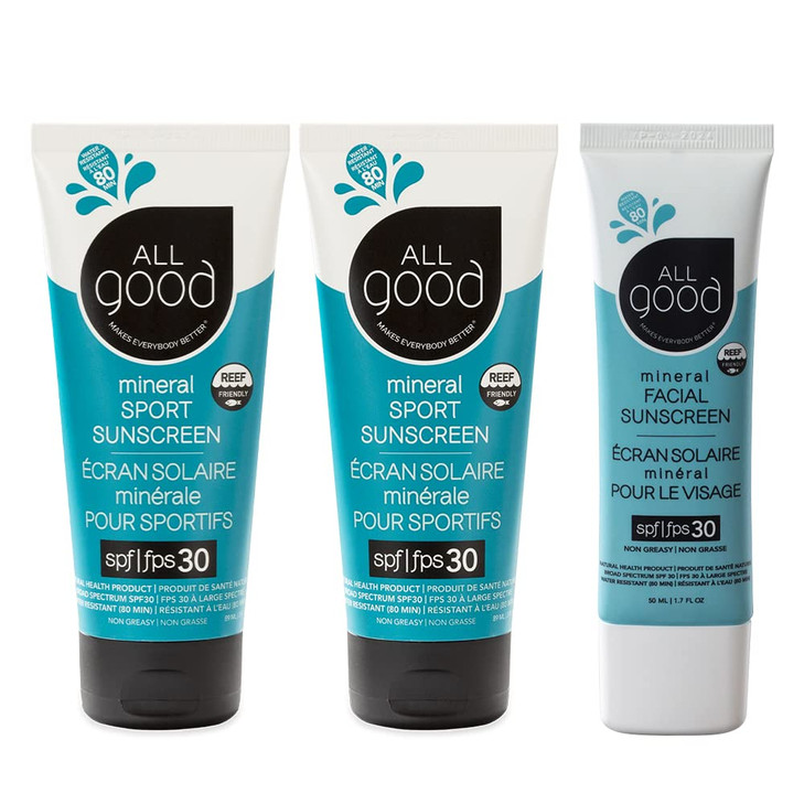 All Good SPF 30 Sport Facial Sunscreen Bundle Broad Spectrum UVAUVB Protection 3 Item Bundle