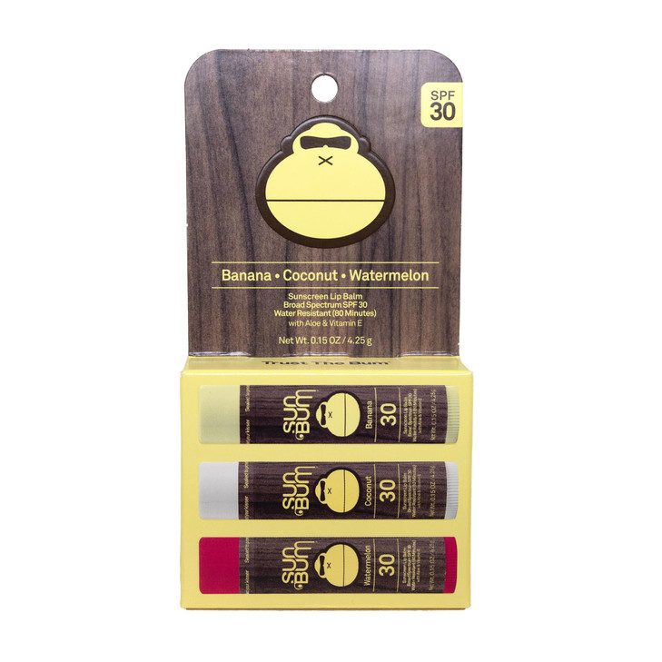 Sun Bum SPF 30 Sunscreen Lip Balm 3 Flavor Variety Pack Coconut Banana Watermelon Moisturizing Aloe Vera and Vitamin E V