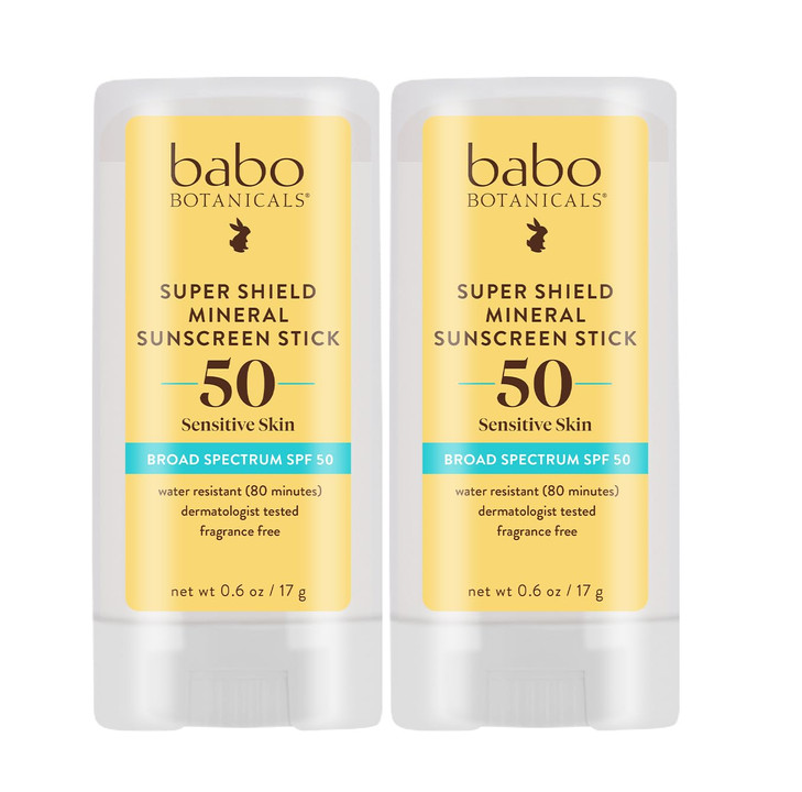 Babo Botanicals Super Shield SPF 50 Stick Sunscreen 70 Organic Ingredients Natural Zinc Oxide For all ages NSF MADE SAFE