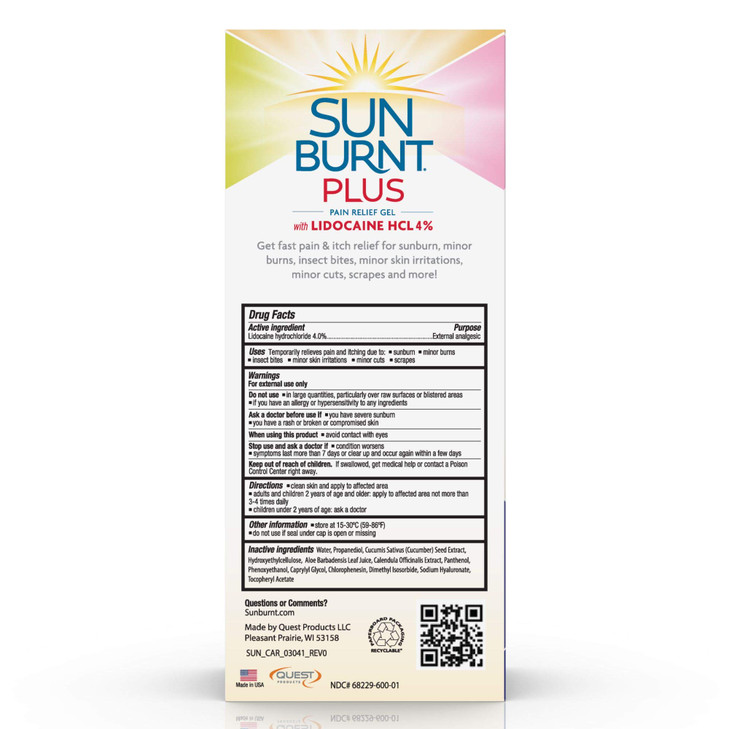 Sunburnt Plus AfterSun Gel with Lidocaine 4 Ounce