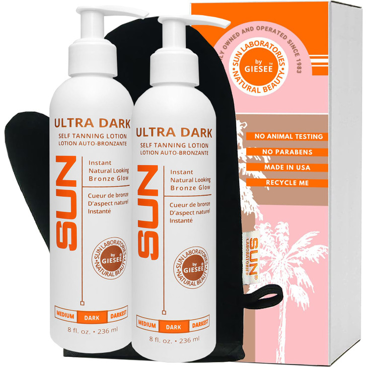 Sun Laboratories SelfTanning Ultra Dark Sunless Tanning Lotion and Mitt for a Golden Glow Dark 2 Pack 8 fl oz Bottles Mi