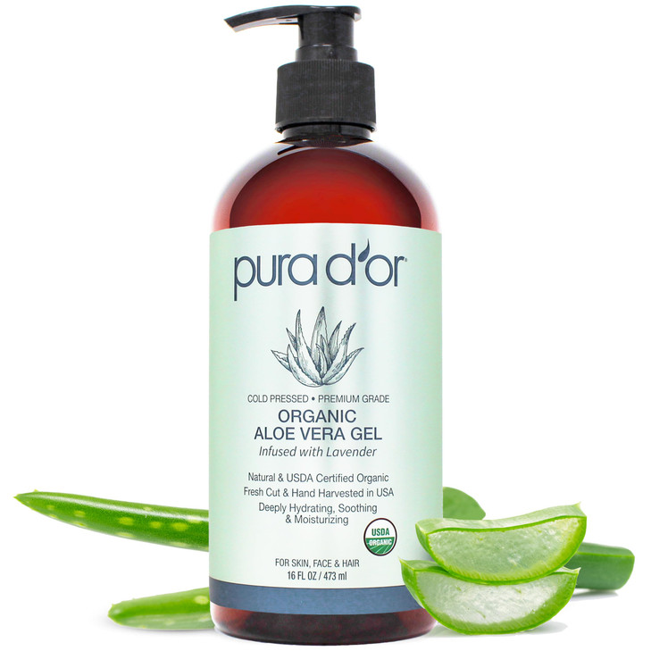 PURA DOR 16 Oz ORGANIC Aloe Vera Gel Lavender All Natural ZERO Artificial Preservatives Deeply Hydrating Moisturizing Su
