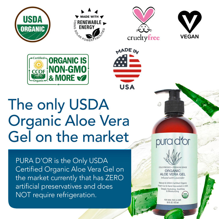 PURA DOR 16 Oz ORGANIC Aloe Vera Gel Lavender All Natural ZERO Artificial Preservatives Deeply Hydrating Moisturizing Su