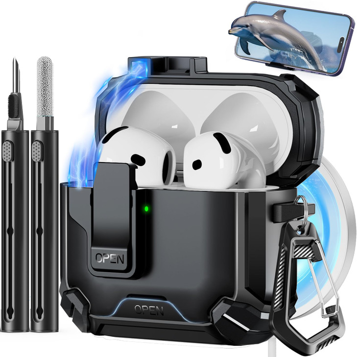Pohgelan Compatible with AirPods 4th CaseMagnetic Automatic Lock with Phone Stand Cleaning KitCompatible with Magsafe Co