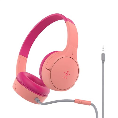 Belkin SoundForm Mini Kids Wired Headphones with Builtin Microphone Fun Stickers 85dB Safe Volume Limit for Online Learn