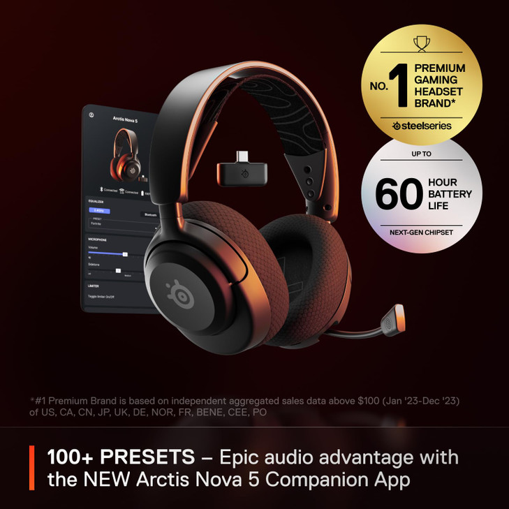 SteelSeries Arctis Nova 5 Wireless MultiSystem Gaming Headset Neodymium Magnetic Drivers 100 Audio Presets 60 HR Battery