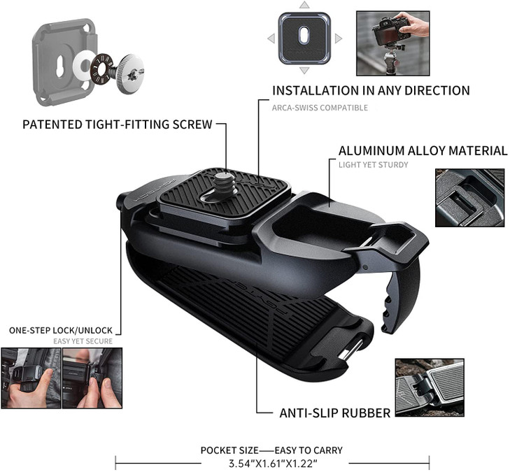 PGYTECH Beetle Camera Clip with Plate Quick Release System for Sony Nikon Fuji DSLR Action Camera Backpack Cameras Strap