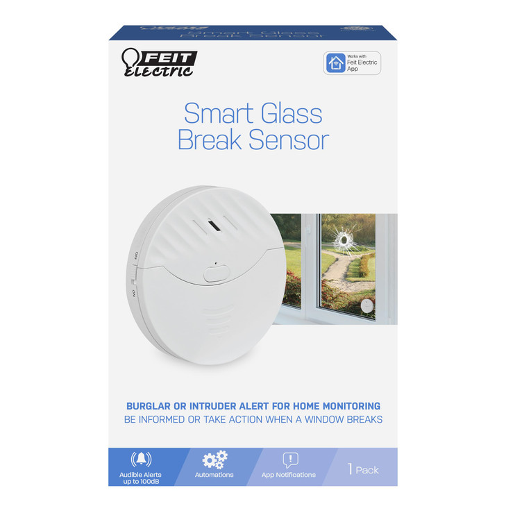 Feit Electric Smart WiFi Glass Break Sensor with Audible Alarm Wireless 247 Home Security System with Mobile App Notific