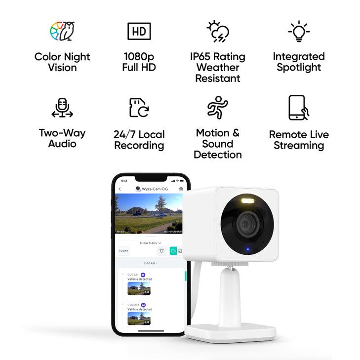 Wyze Cam OG IndoorOutdoor 1080p WiFi Smart Home Security Camera with Color Night Vision Builtin Spotlight Motion Detecti