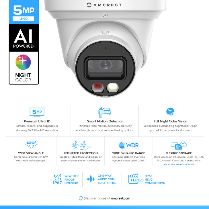 Amcrest 5MP AI Turret IP PoE Camera w 49ft Nightvision Security IP Camera Outdoor Builtin Microphone Human Vehicle Detec