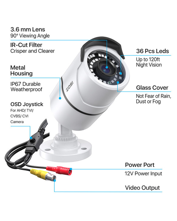 ZOSI 2MP 1080p Security Camera Outdoor Indoor Hybrid 4in1 CVITVIAHD960H Analog CVBS Night Vision Weatherproof Surveillan