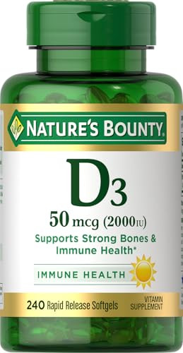 Nature's Bounty Vitamin D3 2000 IU, Immune and Bone Support, Vitamin Supplement, 1 Per day, 240 Rapid Release Softgels