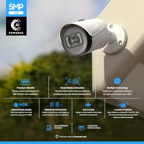 Amcrest 5MP Outdoor POE Camera 2592 x 1944p Bullet IP Security Camera IP67 132 Viewing Angle Human Vehicle Detection Tri