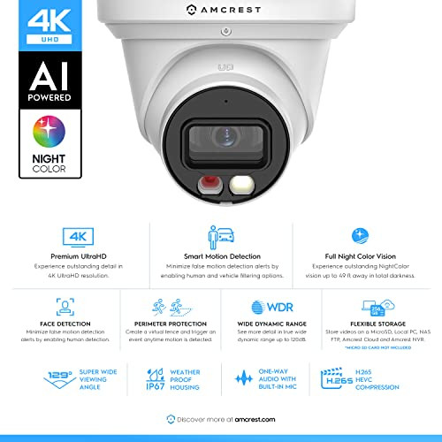 Amcrest UltraHD 4K 8MP IP PoE AI Camera 49ft Nightcolor Security Outdoor Turret Camera Builtin Microphone Human Detectio
