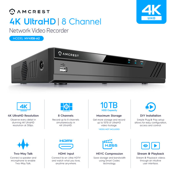 Amcrest NV4108A2 4K 8CH NVR 1080p3MP4MP5MP8MP Network Video Recorder Supports up to 8 x 8MP4K IP Cameras 8Channel Suppor