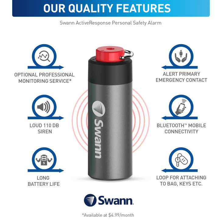 Swann ActiveResponse Mobile Personal Safety Alarm 110dB Loud Emergency Siren with SMS Alerts Mobile Connectivity Long Ba